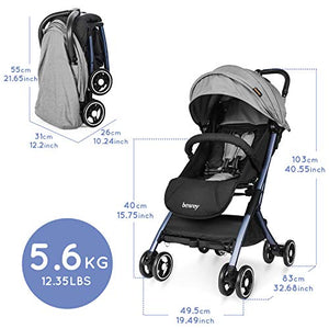 besrey Baby Stroller Lightweight Easy Fold Compact Travel Stroller for Airplane Kids pram with Reclining Seat for Baby Sleep - Gray