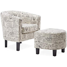 Load image into Gallery viewer, Belleze Accent Tub Chair Curved Back French Print Script Linen Fabric w/ Ottoman Modern Stylish Round Armrest, Beige
