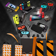 Load image into Gallery viewer, Switch Accessories Bundle - Orzly Geek Pack for Nintendo Switch: Case &amp; Screen Protector, Joycon Grips &amp; Racing Wheels, Switch Controller Charge Dock, Comfort Grip Case &amp; More - JetBlack
