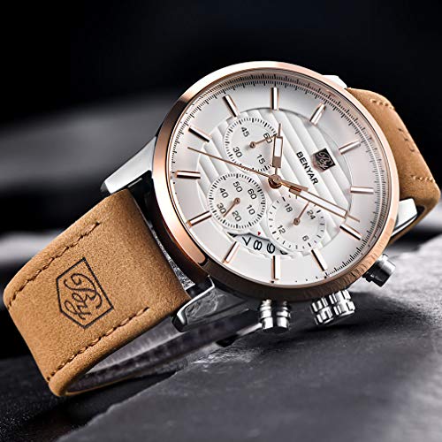 Load image into Gallery viewer, BENYAR Quartz Chronograph Waterproof Watches Business and Sport Design Leather Band Strap Wrist Watch for Men (Brown White)