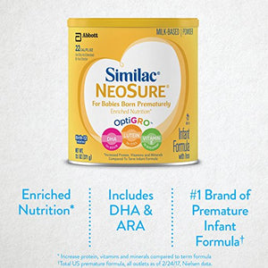 Similac NeoSure Infant Formula with Iron, For Babies Born Prematurely, Powder, 13.1 ounces (Pack of 6), Powder(White)