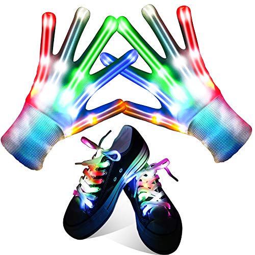 Qrooper LED Gloves for Kids LED Shoelaces ,Flashing Light Up Gloves Combination, Kids Toys For Boy Girl, Gloves for Christmas Thanksgiving Birthday Glow Halloween