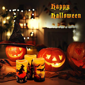Halloween Flickering Flameless Candles - Battery Operated LED Real Wax Candles with 6 Hours Timer - Bats, Castle, Witch LED Flickering Candles for Halloween Christmas Wedding Party Decor, Pack of 3