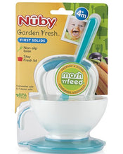 Load image into Gallery viewer, Nuby Garden Fresh Mash N' Feed Bowl with Spoon and Food Masher, Colors May Vary
