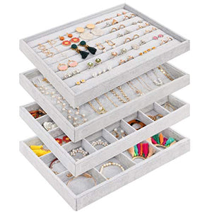 Mebbay Stackable Velvet Jewelry Trays Organizer, Jewelry Storage Display Trays for Drawer, Earring Necklace Bracelet Ring Organizer, Set of 4 (Grey)