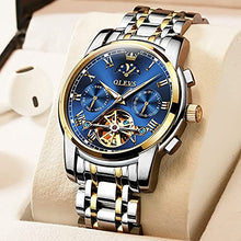 Load image into Gallery viewer, Men Watch Blue Automatic Easy Reader Moon Phase Mechanical Dress Luxury Wristwatch Stainless Steel Waterproof Luminous Date Gold
