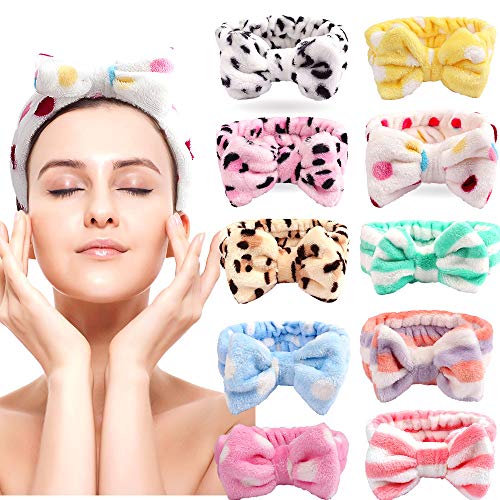 Cubaco Spa Headband Hair Wrap Spa Facial Headbands for Women 10 Pack Bow Hair Band Bow Spa Headbands for Washing Face Soft Carol Fleece Bowknot Makeup Shower Headbands Head Wraps Shower Spa Mask
