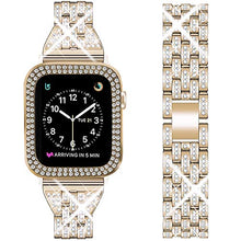 Load image into Gallery viewer, DSYTOM Compatible Apple Watch Band 38mm 40mm 42mm 44mm with Case Women,Rhinestone Metal Jewelry Wristband Strap with Bling PC Protective Case Replacement for iWatch Series 5 4 3 2 1(38mm Champagne)
