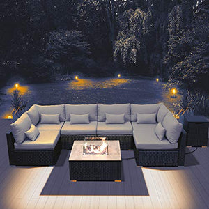 DINELI Patio Furniture Sectional Sofa with Gas Fire Pit Table Outdoor Patio Furniture Sets Propane Fire Pit (Light Gray-Square Table)