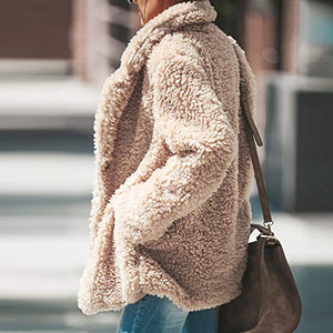 haoricu Womens Faux Shearling Jacket Casual Lapel Fleece Fuzzy Jacket Shaggy Oversized Jacket Warm Cardigan Coat Beige