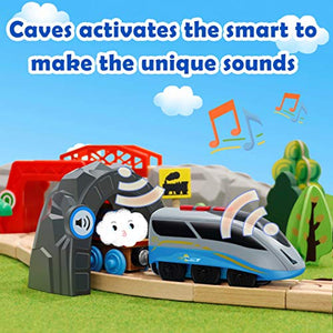 Battery Operated Action Locomotive Train & 10 Pcs Wooden Train Track & 2 Smart Action Tunnels - 13 Piece Train Toy with Accessories and Wooden Tracks