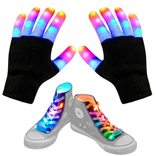 Aywewii Led Finger Gloves, Led Gloves LED Shoelaces Set Light Up Toys for Boys Girls, Flashing Gloves for Christmas Thanksgiving Birthday Glow Halloween Costume Party