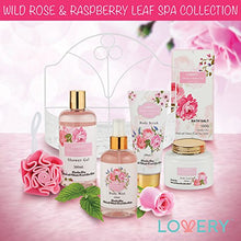 Load image into Gallery viewer, Home Spa Gift Basket - Wild Rose &amp; Raspberry Leaf Scent - Luxurious 7 Piece Bath &amp; Body Set For Men/Women, Contains Shower Gel, Body Lotion, Body Scrub, Bath Salt, Body Mist, Bath Puff &amp; Shower Caddy
