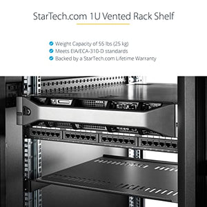 1U Server Rack Shelf - Universal Vented Rack Mount Cantilever Tray for 19" Network Equipment Rack & Cabinet - Heavy Duty Steel – Weight Capacity 44lb/20kg - 12" Deep Shelf, Black (SHELF-1U-12-FIXED-V)