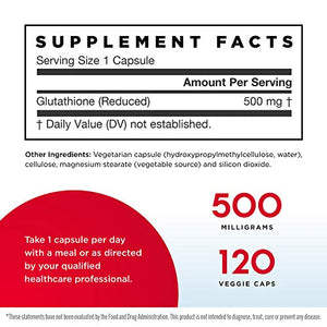 Jarrow Formulas Glutathione Reduced 500 mg - 120 Veggie Caps - Pharmaceutical Grade Glutathione - Intracellular Antioxidant - Bolsters Regeneration of Vitamin C & E Levels in Body - 120 Servings