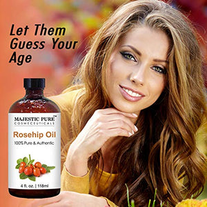 Majestic Pure Rosehip Oil for Face, Nails, Hair and Skin, Pure & Natural, Cold Pressed Premium Rose Hip Seed Oil, 4 oz