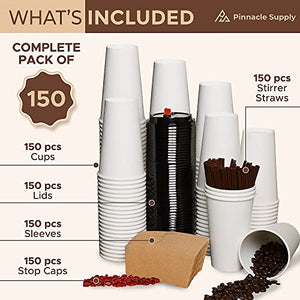 150 Pack 16oz Disposable Coffee Cups with Lids, Sleeves and Straws - To Go Coffee Cups 16 oz White Paper Cups - Insulated Hot Cups Bulk Disposable Cups - Small Business Togo, Tea, Hot Chocolate, Cocoa