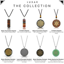 Load image into Gallery viewer, EMF Protection Necklace | LUXAR | Black Volcanic Lava &amp; Shungite Pendant | Metal Adjustable Chain &amp; Clasp | Energy Cleansing | EMF WiFi Shield Eliminator [Flower of Life]
