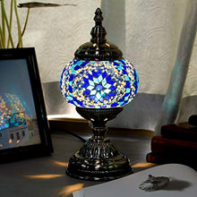 Load image into Gallery viewer, Marrakech Turkish Table Lamp Mosaic Glass Bedside Table Lamp Moroccan Lantern Tiffany Style Night Lights with Bronze Base for Living Room (Blue)
