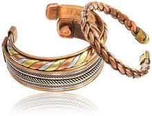 Load image into Gallery viewer, Touchstone Copper magnetic healing bracelet Tibetan style. Hand forged with solid and high gauge pure copper. Set of 3 different designs with 3 metal shades.
