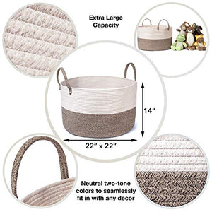 Luxury Little XXXL Nursery Storage Basket :: 100% Cotton Rope Hamper with Handles :: Sturdy Baby Bin Organizer for Laundry Toys Blankets Pillows :: 22 x 22 x 14 Off White/Beige