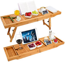 Load image into Gallery viewer, Hossejoy Bathtub Caddy Tray&amp; Laptop Desk with Foldable Legs, 2 in 1 Wisdom Design – Luxurious Bathtub Caddy with Extending Sides, Tablet Holder, Reading Rack,Cellphone Tray and Wine Glass Holder
