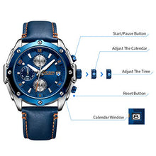 Load image into Gallery viewer, MEGIR Men Business Analogue Quartz Watch with Fashion Blue Leather Strap Chronograph Luminous Auto Calendar for Sport &amp; Work 2074 Blue
