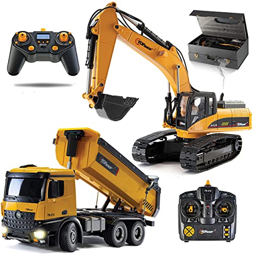 Top Race 23 Channel Hobby Remote Control Excavator and Construction Dump Truck; V4, Construction Vehicle RC Tractor, Full Metal Excavator Toy, Carries 180 Lbs, Diggs 1.1 Lbs Per Cubic Inch: