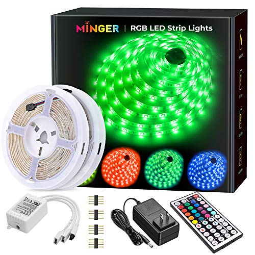 MINGER Led Strip Lights Kit, 32.8Ft RGB Light Strip with Remote, Controller Box and Support Clips for Room, Bedroom, Home, Kitchen Cabinet, Party Decoration 12V/3A Adapter, Non-Waterproof, 2x16.4Ft