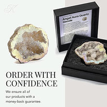 Load image into Gallery viewer, KALIFANO Angel Aura Quartz Geode - Titanium Bonded High Energy Crystal Cuarzo Cluster/Druzy with Information Card - Natural Reiki Rock Used for Clarity and Purpose (Family Owned and Operated)
