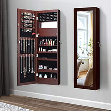 Load image into Gallery viewer, Giantex 15 LEDs Jewelry Cabinet Wall Door Mounted, Lockable Jewelry Armoire with Full Length Mirror, Cosmetics Tray, Lipstick Brush Holders, Build-in Makeup Mirror, Jewelry Cabinet for Women Girls (Brown)
