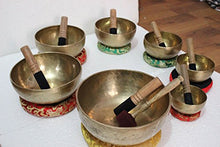 Load image into Gallery viewer, Chakra Healing Tibetan Singing Bowls Set of 7 pieces ~ Hand Hammered Himalayan Meditation Bowls ~ 5"-10" ~ included 7 Mallets, 7 cushions &amp; 1 drum stick. Handmade in Nepal by Thamelmart
