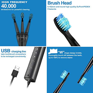 Electric Toothbrush, Sonic Rechargeable Eletronic Toothbrushes for Adults, Electronic Toothbrush with 2 Waterproof Replacement Brush Heads Power Clean as Dentist, Black
