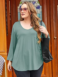 BELAROI Womens Plus Size Tunic Tops 3/4 Sleeve V Neck T Shirts Basic Tee Loose Blouses with Pocket(3X,Grayish Green)