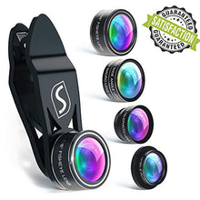 Load image into Gallery viewer, 5 in 1 Phone Camera Lens Kit - Optical Glass Attachment Set - 2X Zoom Telephoto, 198 Fisheye, 0.63X Wide Angle, 15X Macro, CPL Filter with Universal Clip Adapter for Cell Phones and Tablets (Black)
