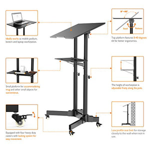 1home Steel Mobile Stand Up Desk Ajustable Laptop Workstation Muti-Purpose Rolling Podium Lectern with Wheels Laptop Workstation Desk with Storage Tray Black