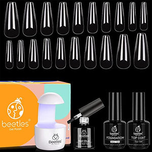 Beetles 2Pcs 15ml No Wipe Gel Top Coat and Base Coat Set with Nail Tips and Glue Gel Kit, LED Lamp DIY Nail Art Acrylic Nail Kit