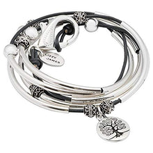 Load image into Gallery viewer, Lizzy James April with Tree of Life Charm Silver Bracelet in Natural Black Leather (XLarge)
