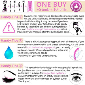 Eyelash Curlers Eyebrow Brush Kit for Women w Lash Curler, Eyelash Comb Seperator, Mascara Brushes, Eyelash Extension Tweezers, Angled Eyebrow Brush and Comb, 10 Silicone Refills Pads for Lash & Brow