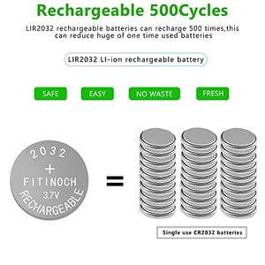 Rechargeable 2032 Battery, FITINOCH LIR2032 Button Battery Can Replace ML2032 CR2032 3v Lithium Batteries with Coin Battery Charger, 4 Count Car Remote Battery 3.7V 50mAh