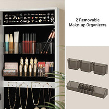 Load image into Gallery viewer, SONGMICS Jewelry Cabinet Armoire, Lockable Wall-Mounted Storage Organizer Unit with 2 Plastic Cosmetic Storage Trays, Full-Length Frameless Mirror, for Necklace Earring, White UJJC001W01
