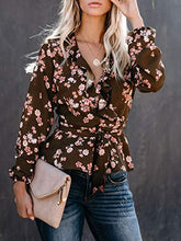 Load image into Gallery viewer, Womens Floral Chiffon Tops V Neck Bell Long Sleeve Shirts Ruffle Wrap Tie Waist Knot Blouses Brown
