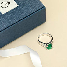Load image into Gallery viewer, Peora Simulated Emerald Cathedral Ring in Sterling Silver, Solitaire Round Shape, 8mm, 1.75 Carats total, Comfort Fit Size 5
