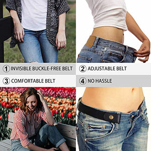 4 Pieces No Buckle Stretch Women Belt for Jeans Pants, WHIPPY Buckle Free Comfortable Invisible Elastic Belts (Black Khaki Blue Brown, Fit Pants Size 22-36 Inches)