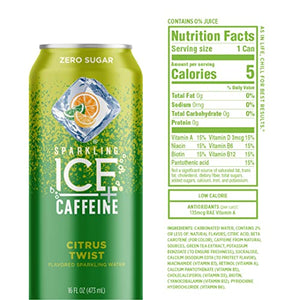 Sparkling Ice +Caffeine Triple Citrus Sparkling Water, with Antioxidants and Vitamins, Zero Sugar, 16 fl oz Cans (Pack of 12)