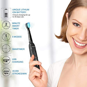 Electric Toothbrush, Sonic Rechargeable Eletronic Toothbrushes for Adults, Electronic Toothbrush with 2 Waterproof Replacement Brush Heads Power Clean as Dentist, Black
