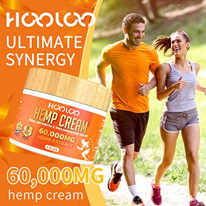 Hemp Cream, HOOLOO 60,000 Natural Hemp Extract Cream, Fast Relief, Muscle, Joint, Lower Back, Knees, Fingers, Nerves, Made in USA, 5oz