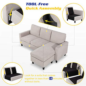 Shintenchi Convertible Sectional Sofa Couch, Modern Linen Fabric L-Shaped Couch 3-Seat Sofa Sectional with Reversible Chaise for Small Living Room, Apartment and Small Space,(Beige)