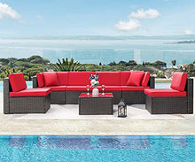 Load image into Gallery viewer, Devoko 7 Pieces Outdoor Sectional Sofa Patio Furniture Sets Manual Weaving Wicker Rattan Patio Conversation Sets with Cushion and Glass Table (Red)
