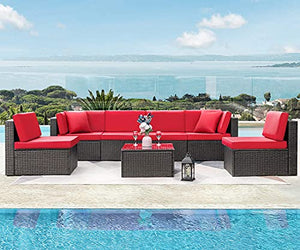 Devoko 7 Pieces Outdoor Sectional Sofa Patio Furniture Sets Manual Weaving Wicker Rattan Patio Conversation Sets with Cushion and Glass Table (Red)